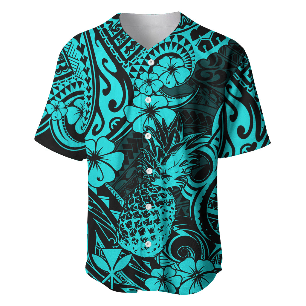 Hawaii Pineapple Baseball Jersey Polynesian Pattern Turquoise Version - Wonder Print Shop