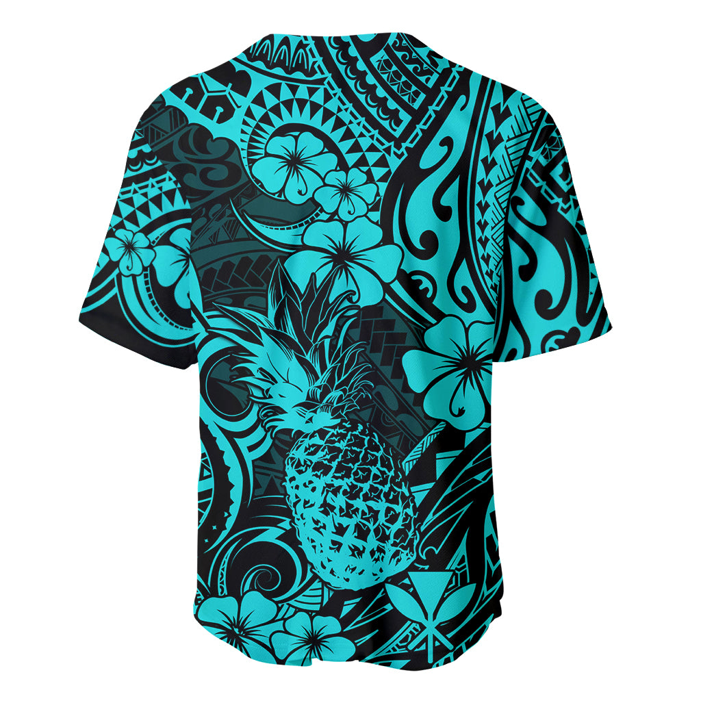 Hawaii Pineapple Baseball Jersey Polynesian Pattern Turquoise Version - Wonder Print Shop