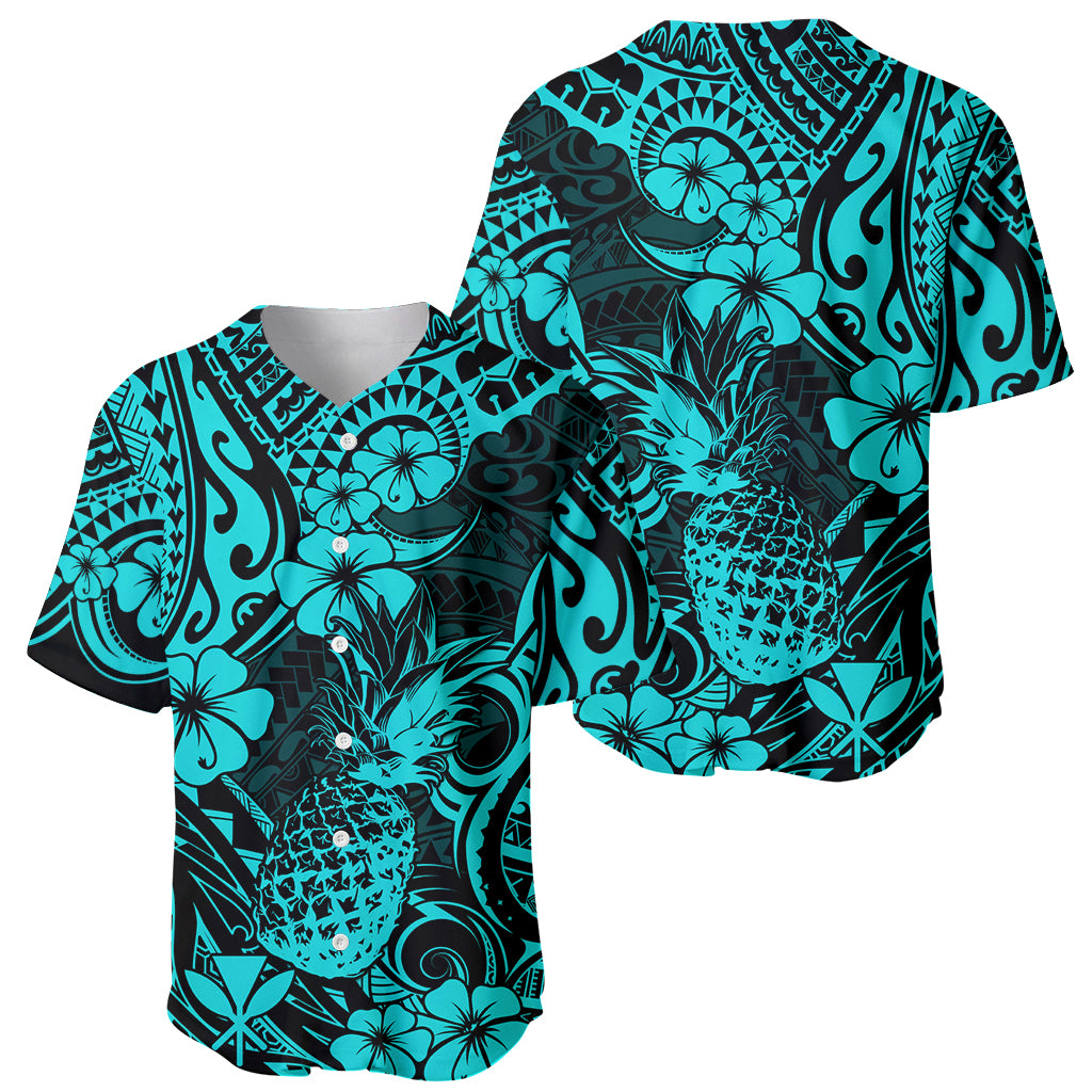 Hawaii Pineapple Baseball Jersey Polynesian Pattern Turquoise Version - Wonder Print Shop