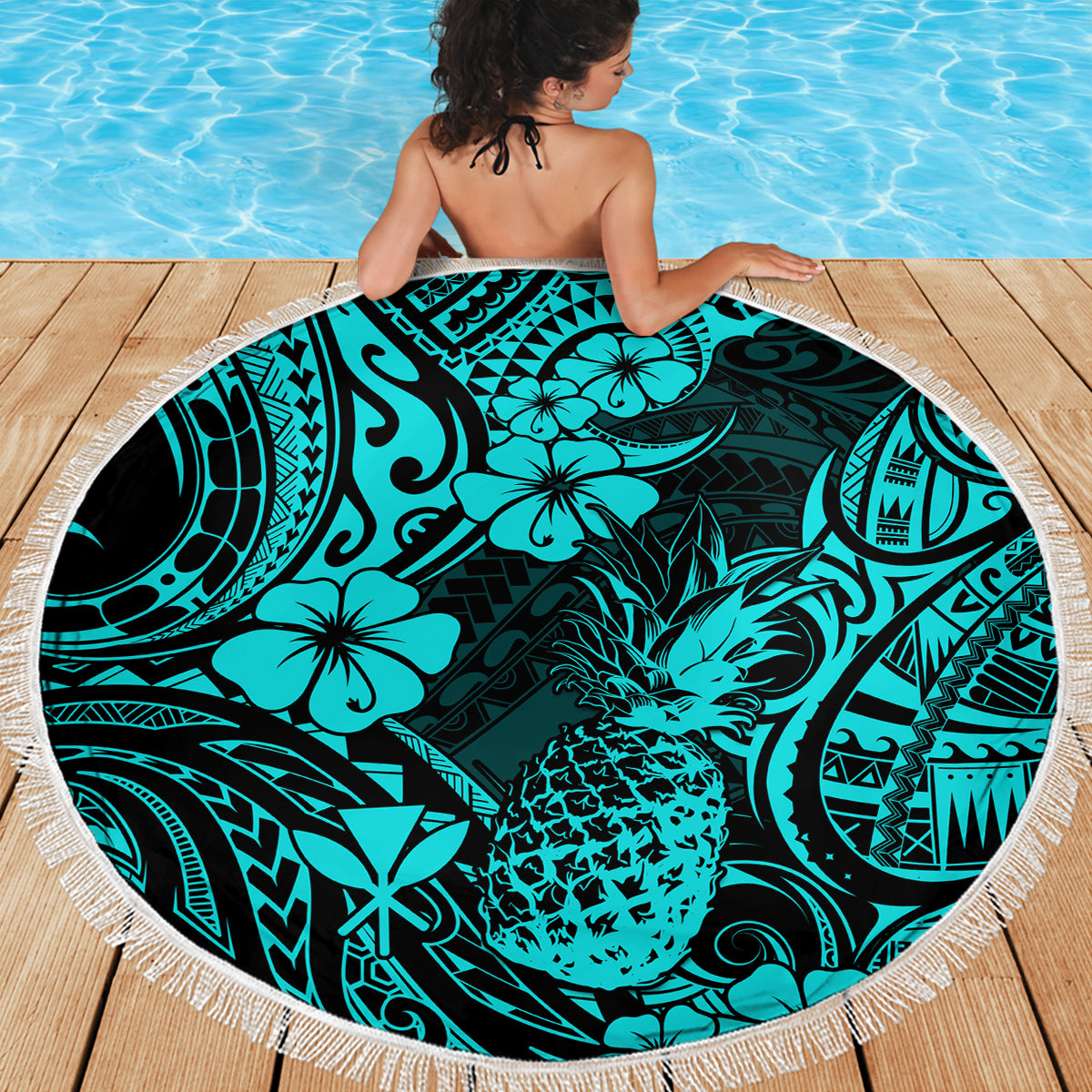 Hawaii Pineapple Beach Blanket Polynesian Pattern Turquoise Version - Wonder Print Shop