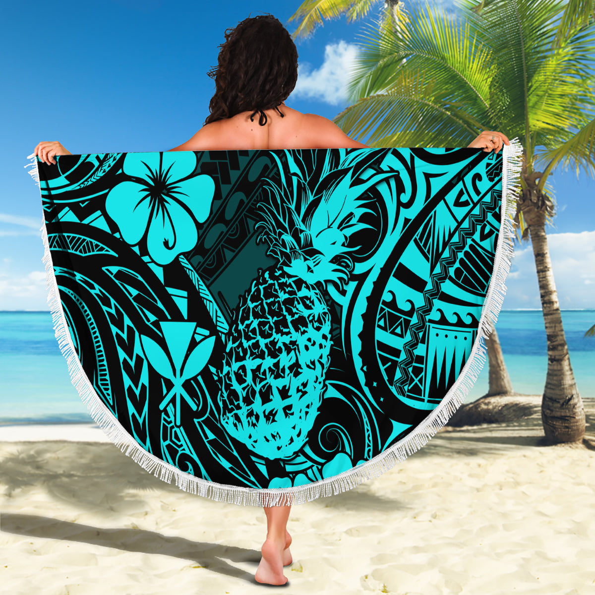 Hawaii Pineapple Beach Blanket Polynesian Pattern Turquoise Version - Wonder Print Shop