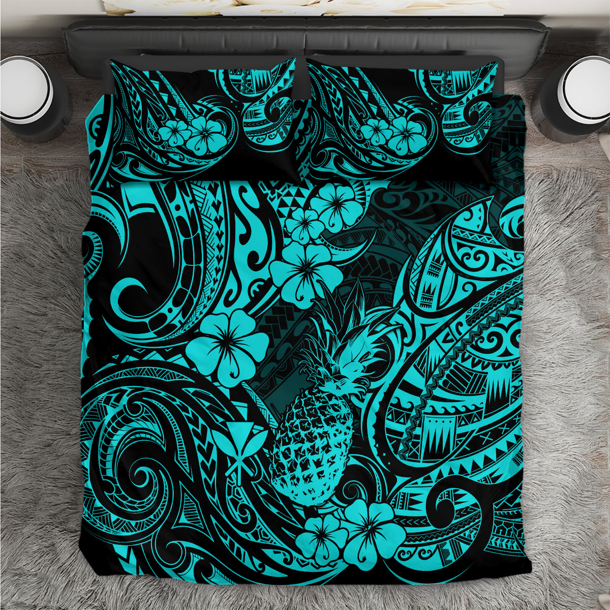Hawaii Pineapple Bedding Set Polynesian Pattern Turquoise Version - Wonder Print Shop