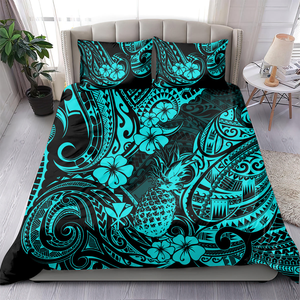 Hawaii Pineapple Bedding Set Polynesian Pattern Turquoise Version - Wonder Print Shop