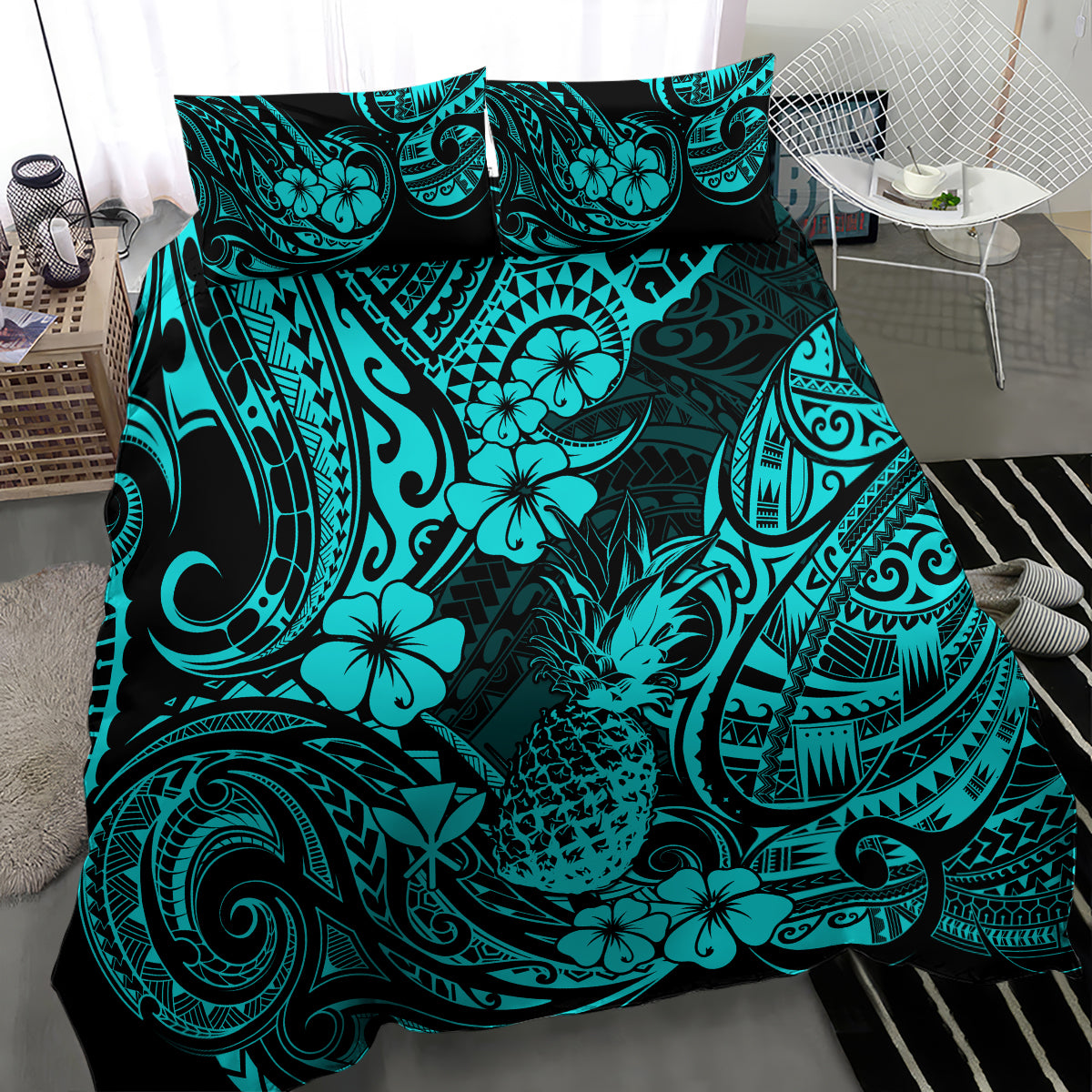 Hawaii Pineapple Bedding Set Polynesian Pattern Turquoise Version - Wonder Print Shop