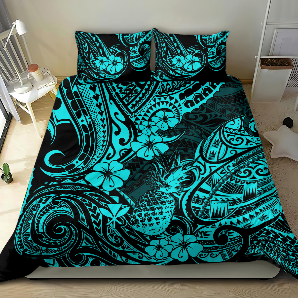 Hawaii Pineapple Bedding Set Polynesian Pattern Turquoise Version - Wonder Print Shop