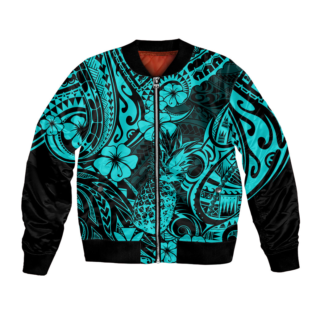 Hawaii Pineapple Bomber Jacket Polynesian Pattern Turquoise Version - Wonder Print Shop