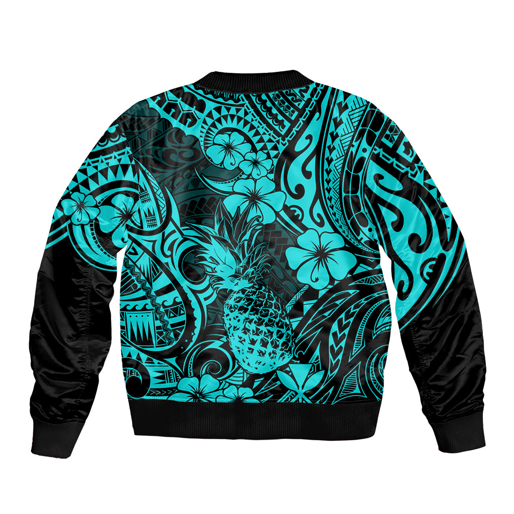 Hawaii Pineapple Bomber Jacket Polynesian Pattern Turquoise Version - Wonder Print Shop
