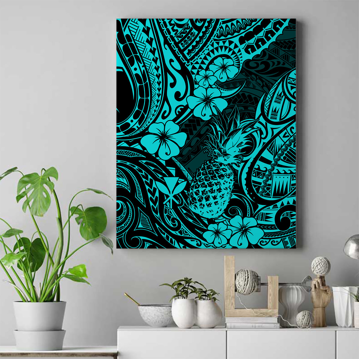 Hawaii Pineapple Canvas Wall Art Polynesian Pattern Turquoise Version - Wonder Print Shop