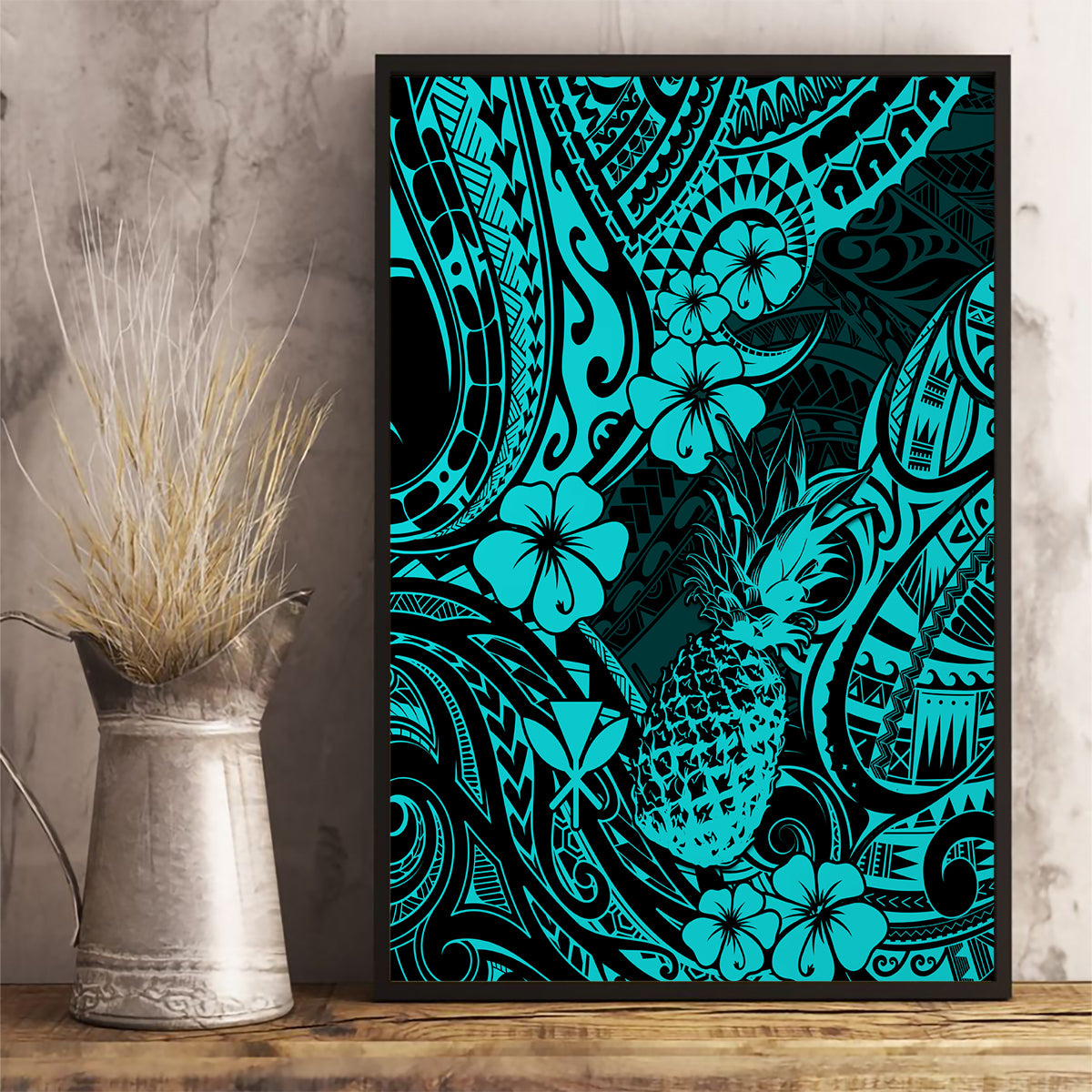 Hawaii Pineapple Canvas Wall Art Polynesian Pattern Turquoise Version - Wonder Print Shop