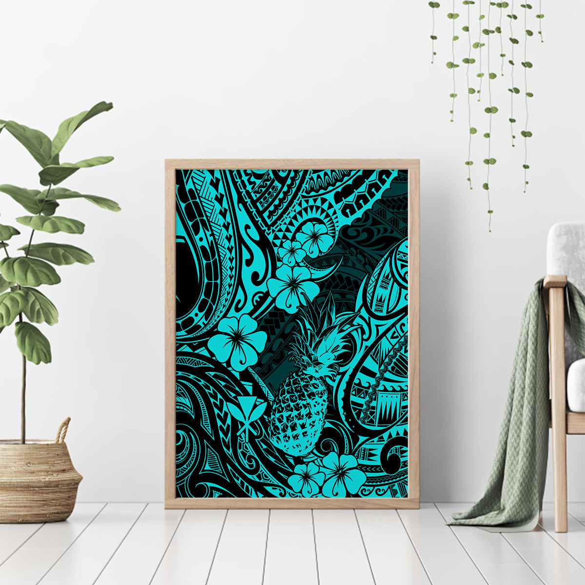 Hawaii Pineapple Canvas Wall Art Polynesian Pattern Turquoise Version - Wonder Print Shop