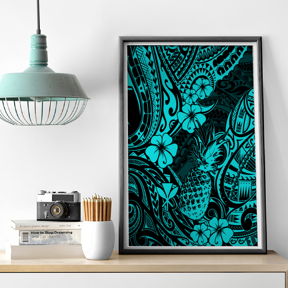 Hawaii Pineapple Canvas Wall Art Polynesian Pattern Turquoise Version - Wonder Print Shop