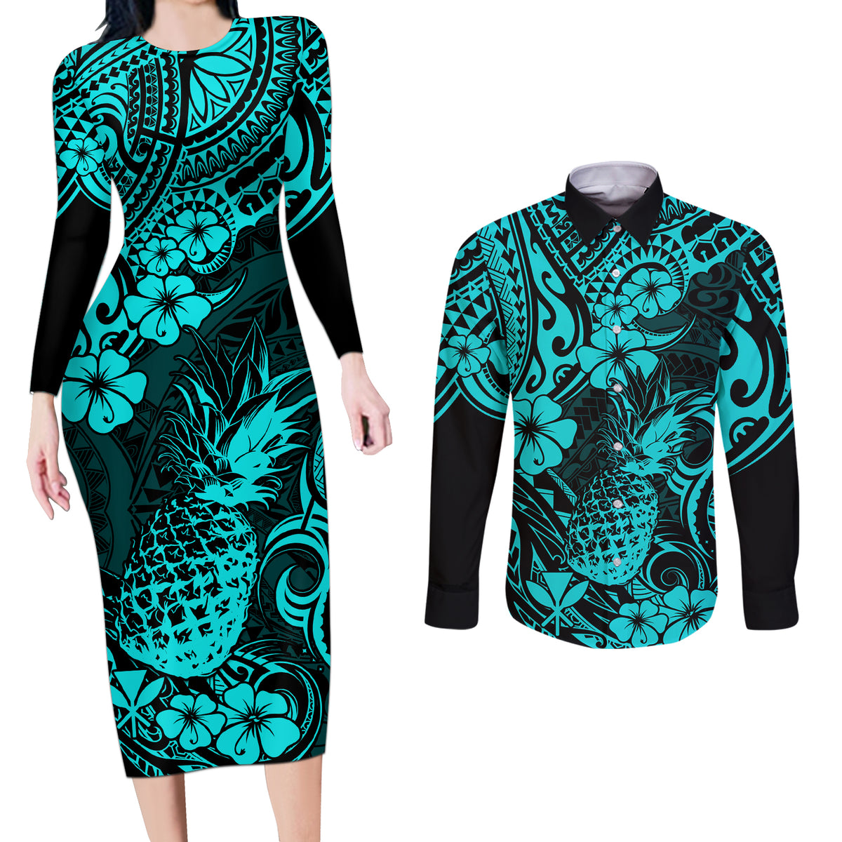 Hawaii Pineapple Couples Matching Long Sleeve Bodycon Dress and Long Sleeve Button Shirts Polynesian Pattern Turquoise Version - Wonder Print Shop