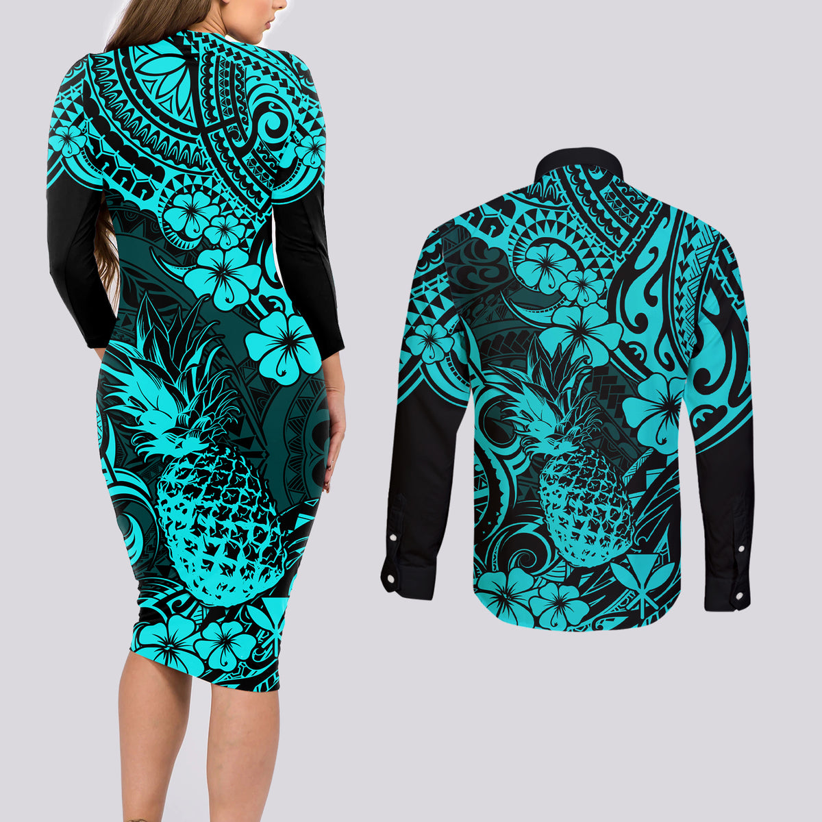 Hawaii Pineapple Couples Matching Long Sleeve Bodycon Dress and Long Sleeve Button Shirts Polynesian Pattern Turquoise Version - Wonder Print Shop