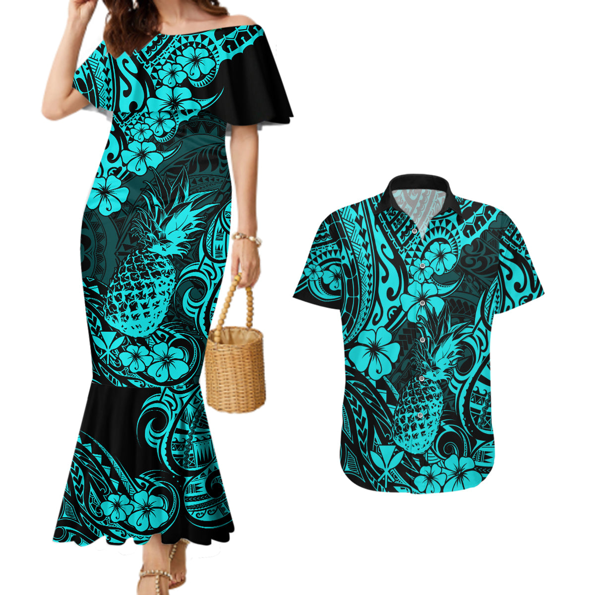 Hawaii Pineapple Couples Matching Mermaid Dress and Hawaiian Shirt Polynesian Pattern Turquoise Version - Wonder Print Shop