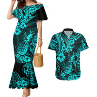 Hawaii Pineapple Couples Matching Mermaid Dress and Hawaiian Shirt Polynesian Pattern Turquoise Version - Wonder Print Shop