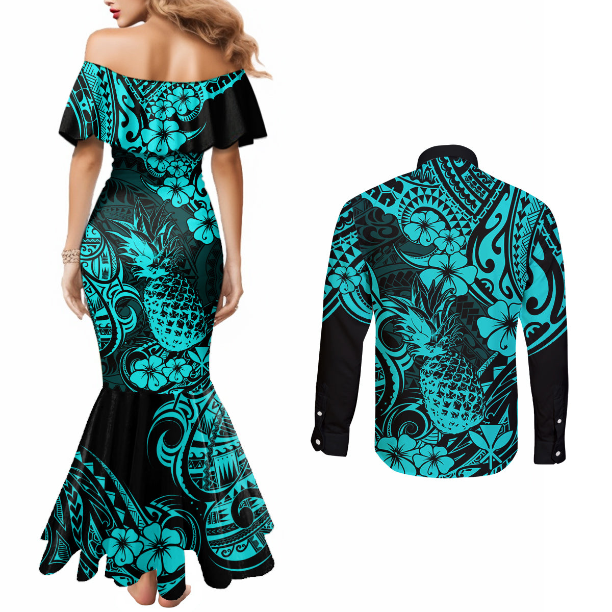 hawaii-pineapple-couples-matching-mermaid-dress-and-long-sleeve-button-shirts-polynesian-pattern-turquoise-version