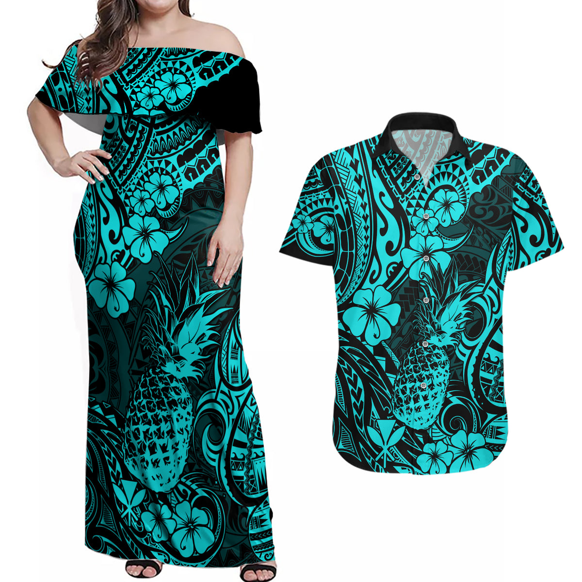 Hawaii Pineapple Couples Matching Off Shoulder Maxi Dress and Hawaiian Shirt Polynesian Pattern Turquoise Version - Wonder Print Shop