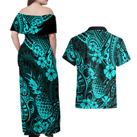 Hawaii Pineapple Couples Matching Off Shoulder Maxi Dress and Hawaiian Shirt Polynesian Pattern Turquoise Version - Wonder Print Shop