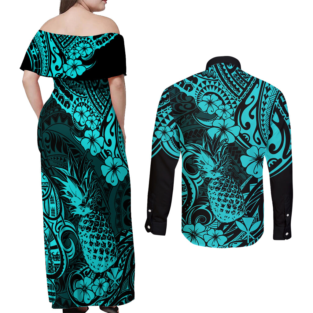 Hawaii Pineapple Couples Matching Off Shoulder Maxi Dress and Long Sleeve Button Shirts Polynesian Pattern Turquoise Version - Wonder Print Shop