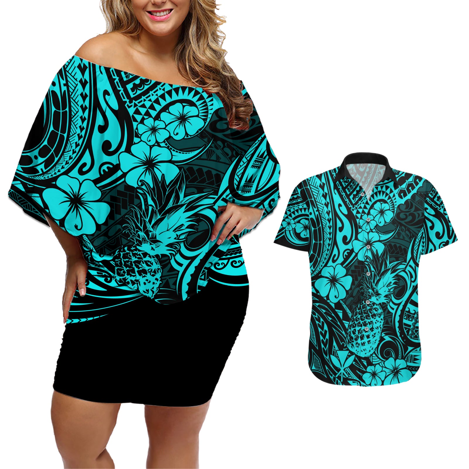 Hawaii Pineapple Couples Matching Off Shoulder Short Dress and Hawaiian Shirt Polynesian Pattern Turquoise Version - Wonder Print Shop