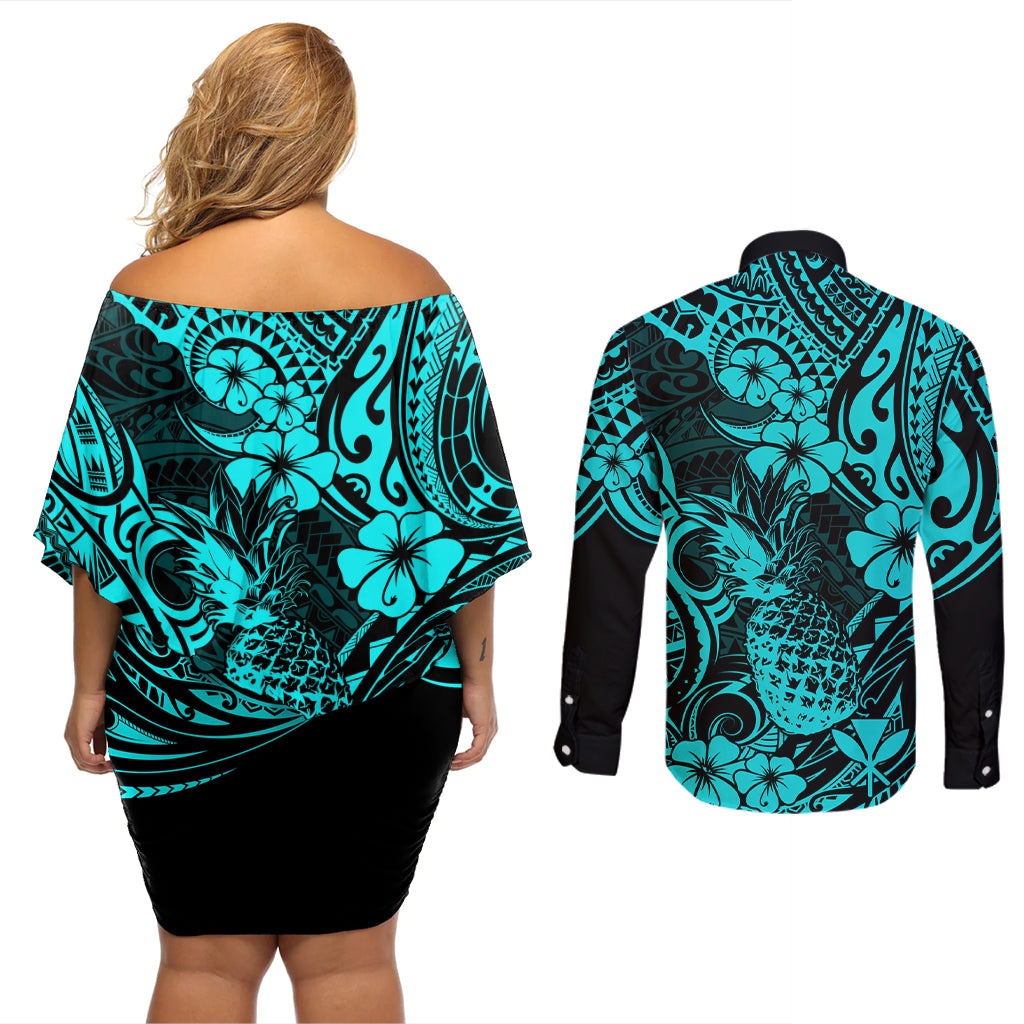 Hawaii Pineapple Couples Matching Off Shoulder Short Dress and Long Sleeve Button Shirts Polynesian Pattern Turquoise Version - Wonder Print Shop