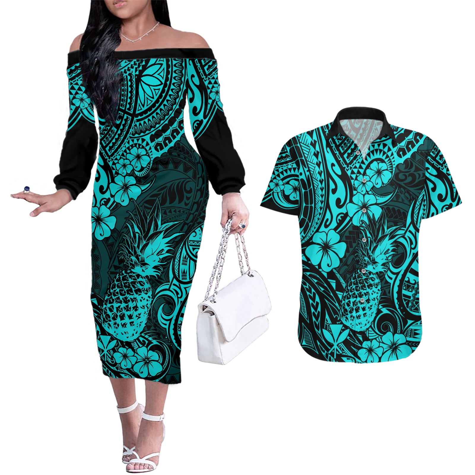 Hawaii Pineapple Couples Matching Off The Shoulder Long Sleeve Dress and Hawaiian Shirt Polynesian Pattern Turquoise Version - Wonder Print Shop