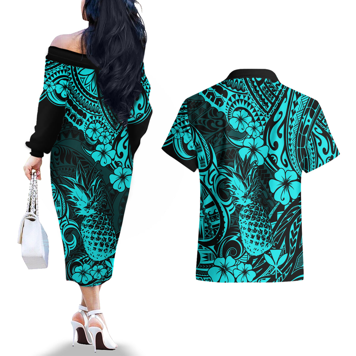 Hawaii Pineapple Couples Matching Off The Shoulder Long Sleeve Dress and Hawaiian Shirt Polynesian Pattern Turquoise Version - Wonder Print Shop