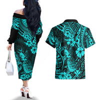 Hawaii Pineapple Couples Matching Off The Shoulder Long Sleeve Dress and Hawaiian Shirt Polynesian Pattern Turquoise Version - Wonder Print Shop
