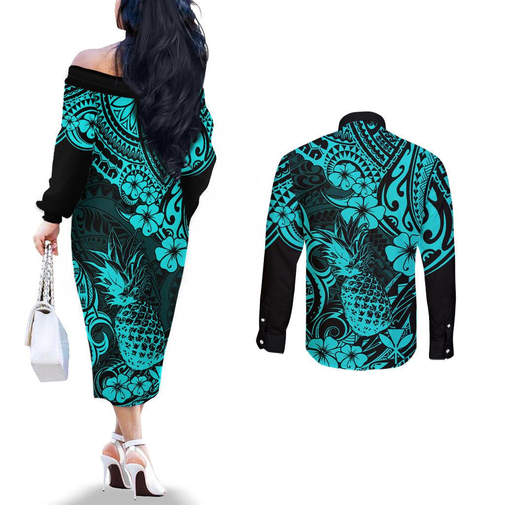 hawaii-pineapple-couples-matching-off-the-shoulder-long-sleeve-dress-and-long-sleeve-button-shirts-polynesian-pattern-turquoise-version
