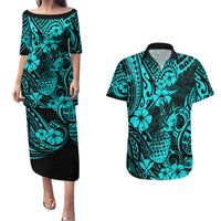 Hawaii Pineapple Couples Matching Puletasi Dress and Hawaiian Shirt Polynesian Pattern Turquoise Version - Wonder Print Shop