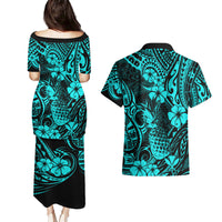 Hawaii Pineapple Couples Matching Puletasi Dress and Hawaiian Shirt Polynesian Pattern Turquoise Version - Wonder Print Shop