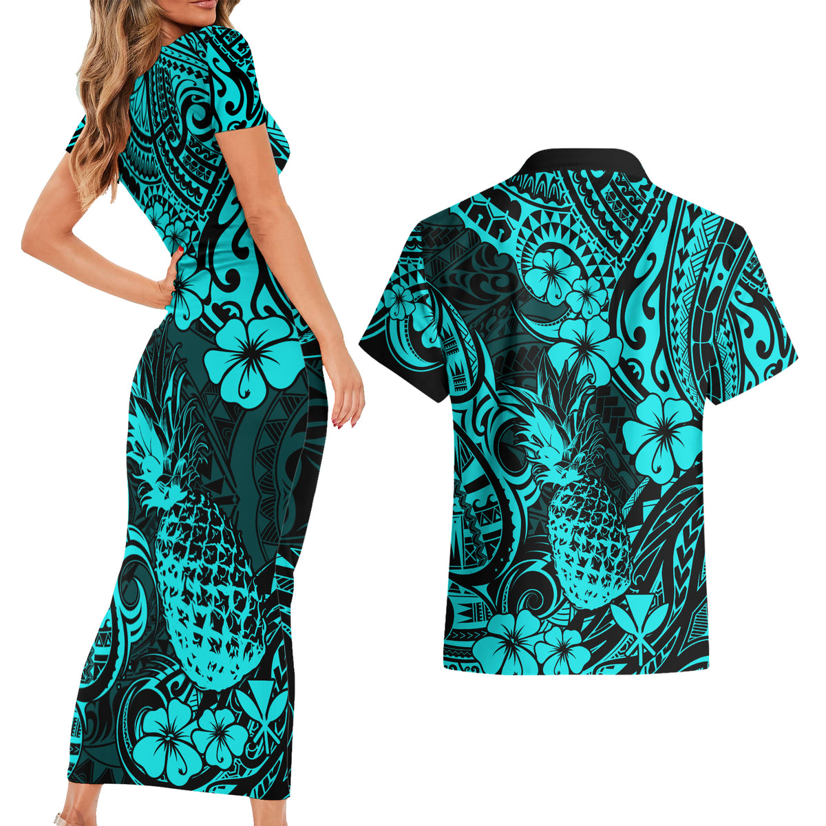 Hawaii Pineapple Couples Matching Short Sleeve Bodycon Dress and Hawaiian Shirt Polynesian Pattern Turquoise Version - Wonder Print Shop