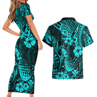 Hawaii Pineapple Couples Matching Short Sleeve Bodycon Dress and Hawaiian Shirt Polynesian Pattern Turquoise Version - Wonder Print Shop