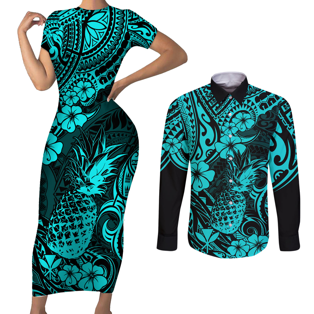 Hawaii Pineapple Couples Matching Short Sleeve Bodycon Dress and Long Sleeve Button Shirts Polynesian Pattern Turquoise Version - Wonder Print Shop