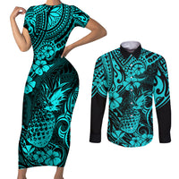 Hawaii Pineapple Couples Matching Short Sleeve Bodycon Dress and Long Sleeve Button Shirts Polynesian Pattern Turquoise Version - Wonder Print Shop
