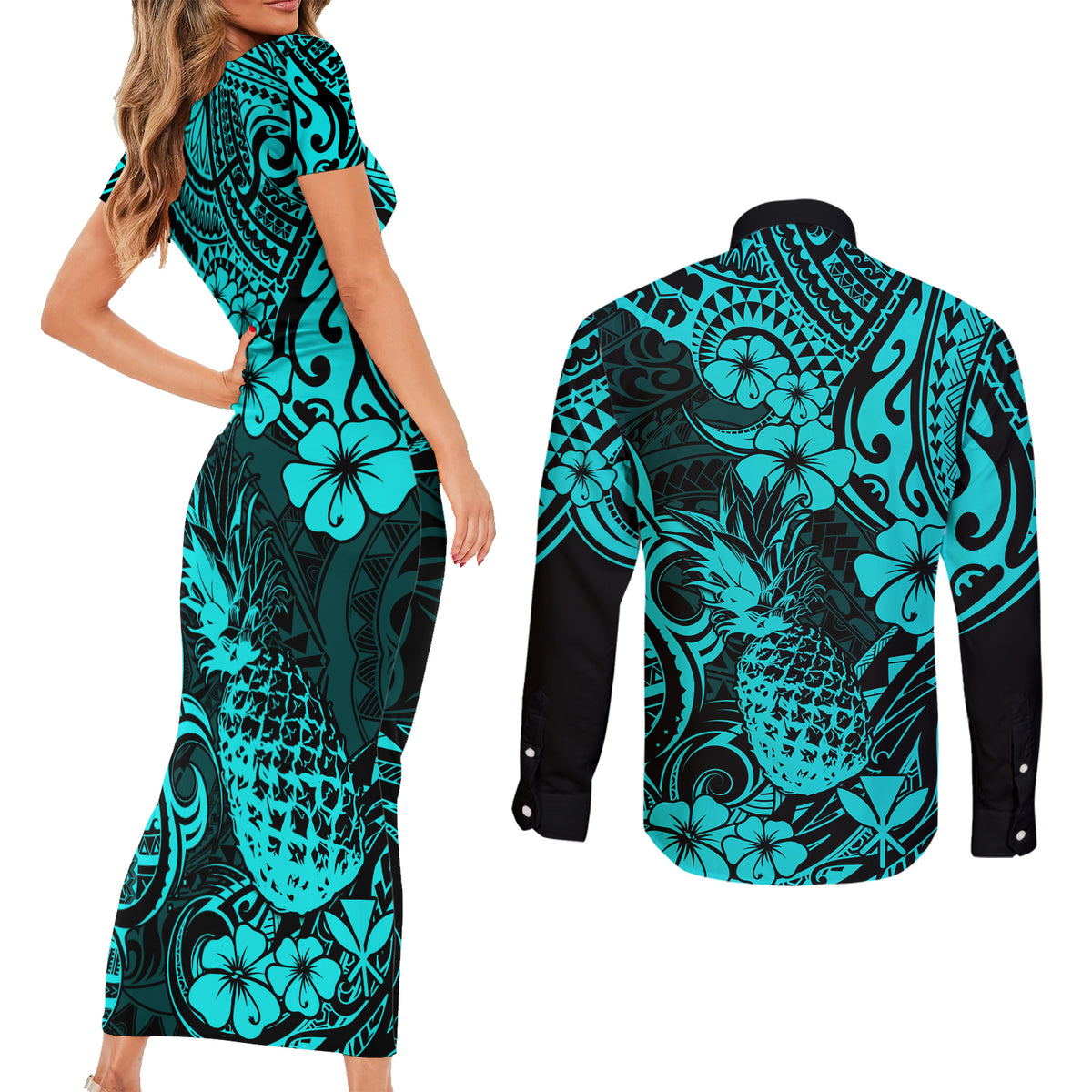 Hawaii Pineapple Couples Matching Short Sleeve Bodycon Dress and Long Sleeve Button Shirts Polynesian Pattern Turquoise Version - Wonder Print Shop