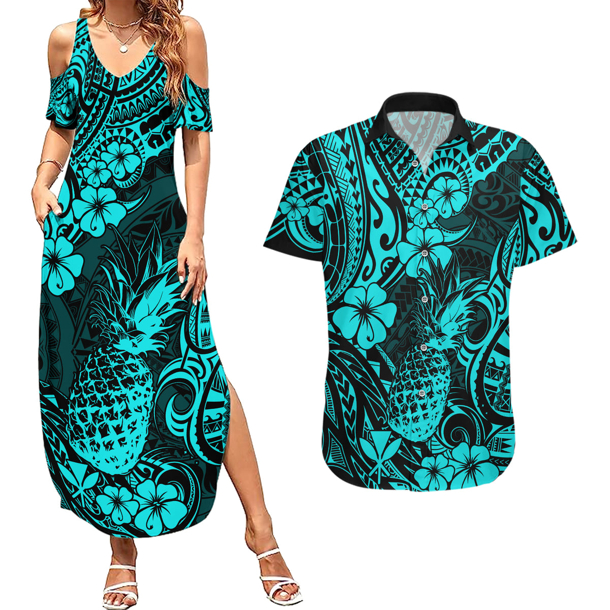 Hawaii Pineapple Couples Matching Summer Maxi Dress and Hawaiian Shirt Polynesian Pattern Turquoise Version - Wonder Print Shop