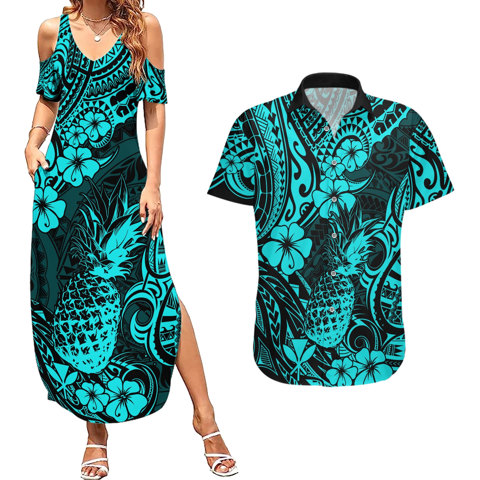 Hawaii Pineapple Couples Matching Summer Maxi Dress and Hawaiian Shirt Polynesian Pattern Turquoise Version - Wonder Print Shop