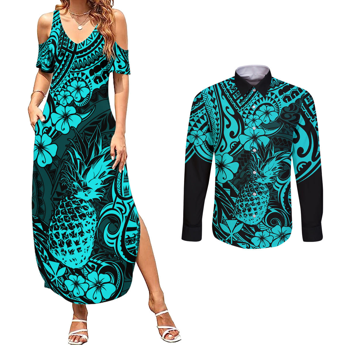 Hawaii Pineapple Couples Matching Summer Maxi Dress and Long Sleeve Button Shirts Polynesian Pattern Turquoise Version - Wonder Print Shop