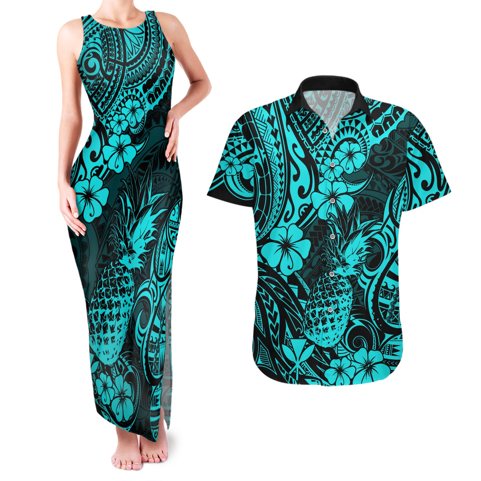 Hawaii Pineapple Couples Matching Tank Maxi Dress and Hawaiian Shirt Polynesian Pattern Turquoise Version - Wonder Print Shop