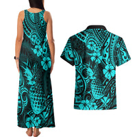 Hawaii Pineapple Couples Matching Tank Maxi Dress and Hawaiian Shirt Polynesian Pattern Turquoise Version - Wonder Print Shop