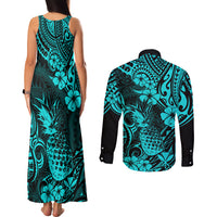 Hawaii Pineapple Couples Matching Tank Maxi Dress and Long Sleeve Button Shirts Polynesian Pattern Turquoise Version - Wonder Print Shop