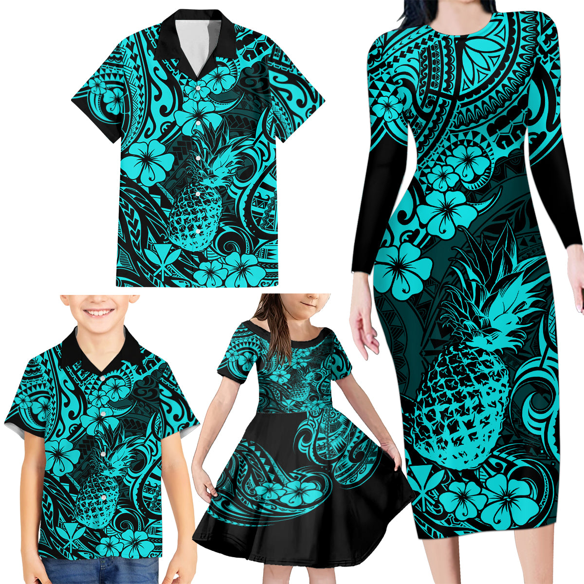 Hawaii Pineapple Family Matching Long Sleeve Bodycon Dress and Hawaiian Shirt Polynesian Pattern Turquoise Version - Wonder Print Shop