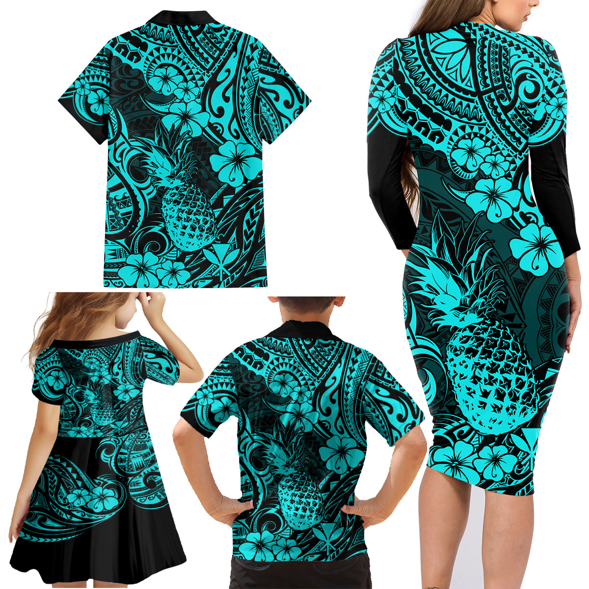 Hawaii Pineapple Family Matching Long Sleeve Bodycon Dress and Hawaiian Shirt Polynesian Pattern Turquoise Version - Wonder Print Shop
