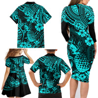 Hawaii Pineapple Family Matching Long Sleeve Bodycon Dress and Hawaiian Shirt Polynesian Pattern Turquoise Version - Wonder Print Shop