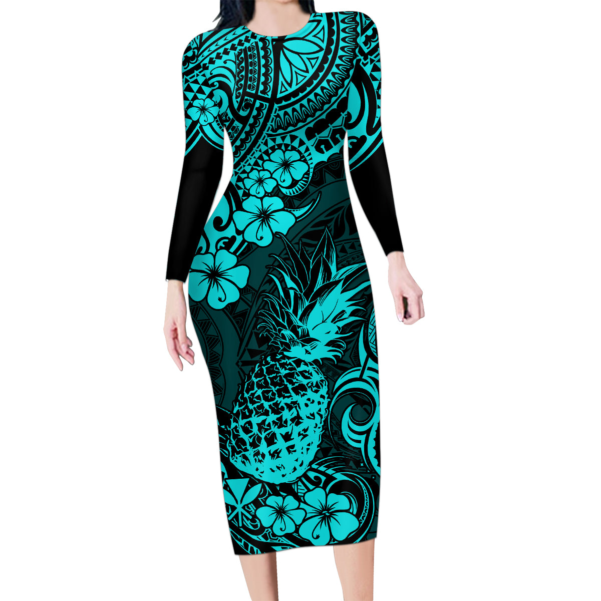 Hawaii Pineapple Family Matching Long Sleeve Bodycon Dress and Hawaiian Shirt Polynesian Pattern Turquoise Version - Wonder Print Shop