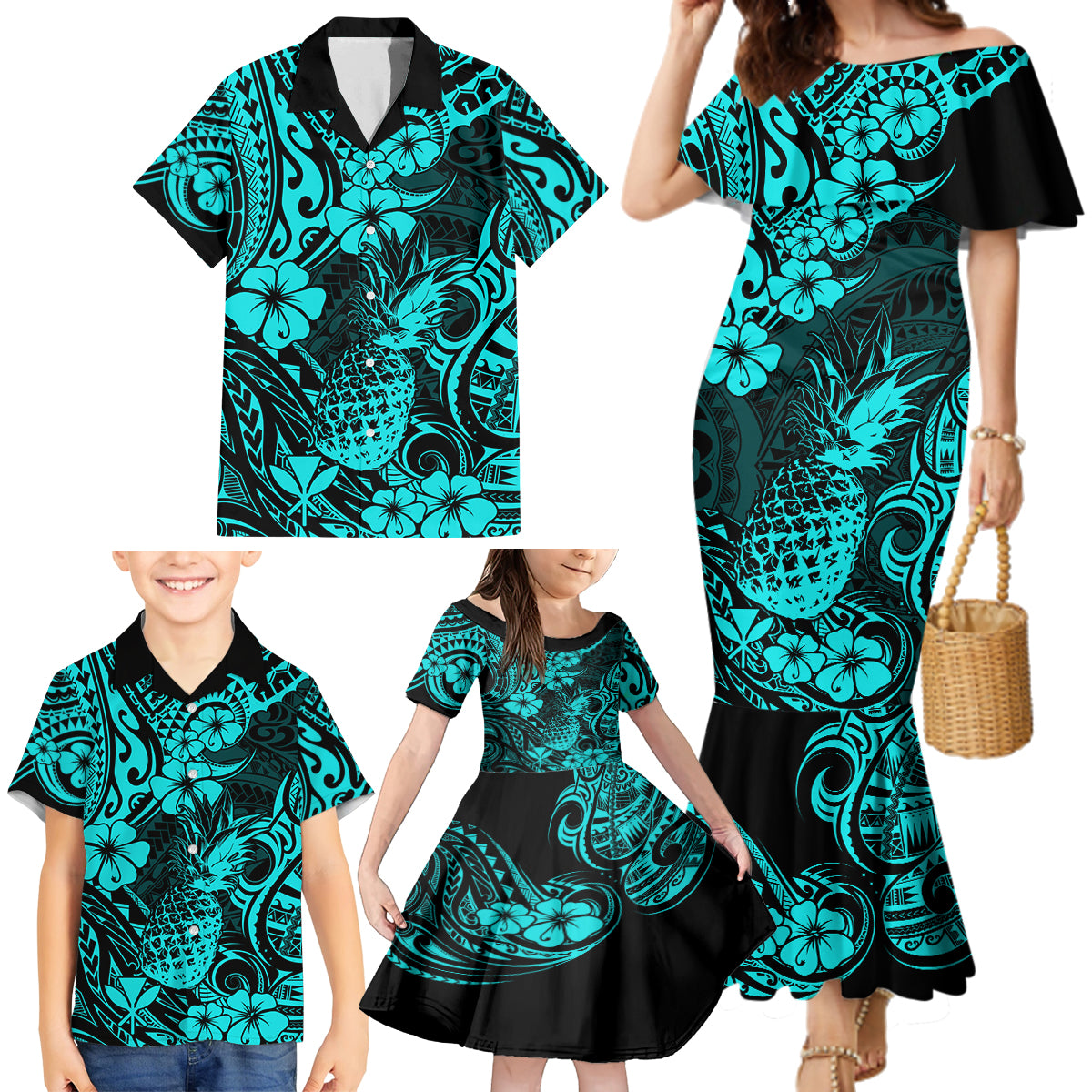 Hawaii Pineapple Family Matching Mermaid Dress and Hawaiian Shirt Polynesian Pattern Turquoise Version - Wonder Print Shop