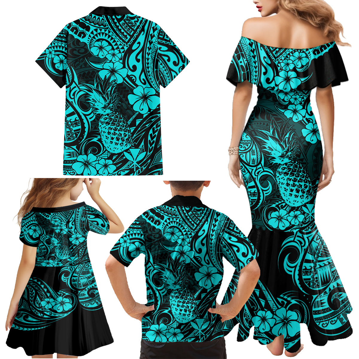 Hawaii Pineapple Family Matching Mermaid Dress and Hawaiian Shirt Polynesian Pattern Turquoise Version - Wonder Print Shop