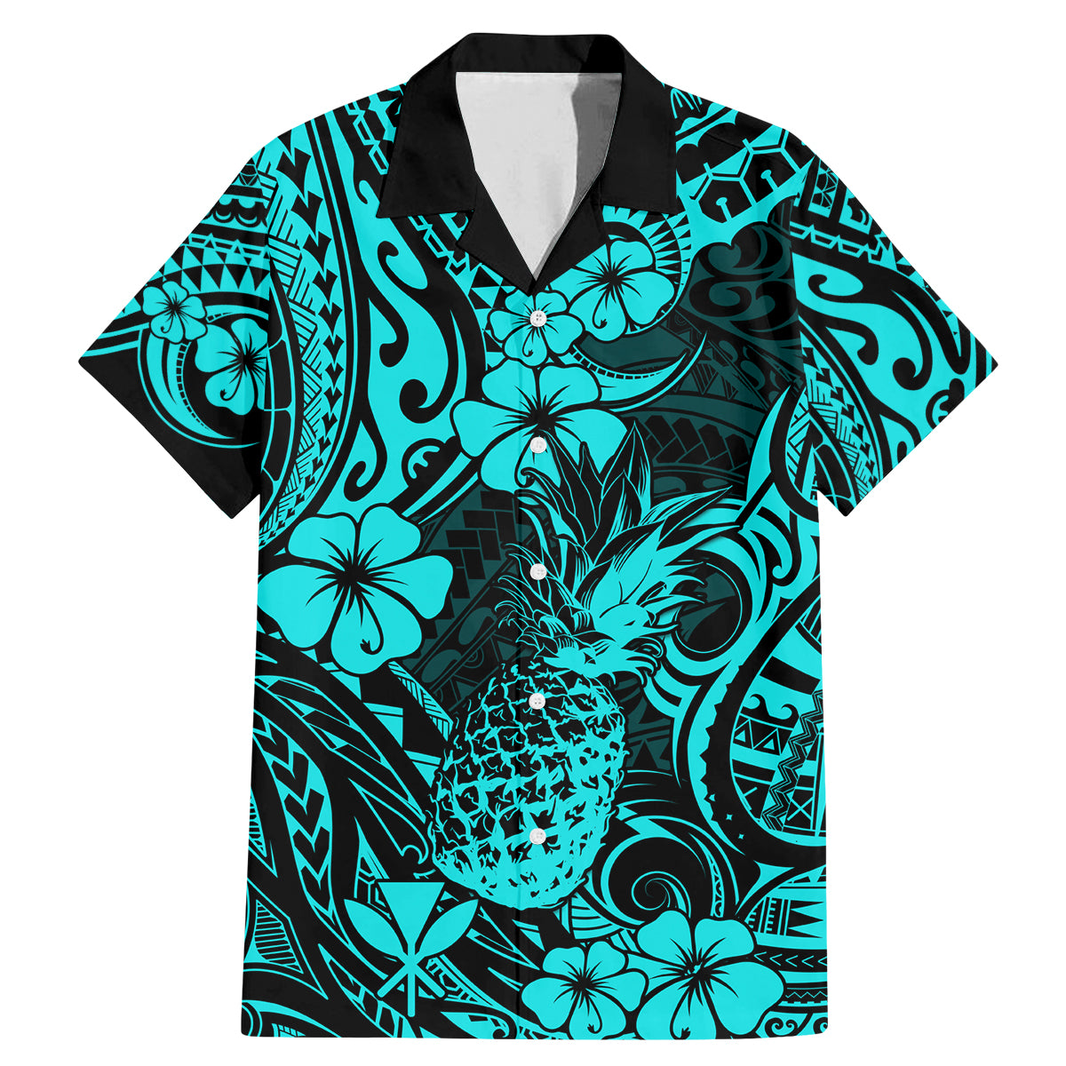 Hawaii Pineapple Family Matching Mermaid Dress and Hawaiian Shirt Polynesian Pattern Turquoise Version - Wonder Print Shop