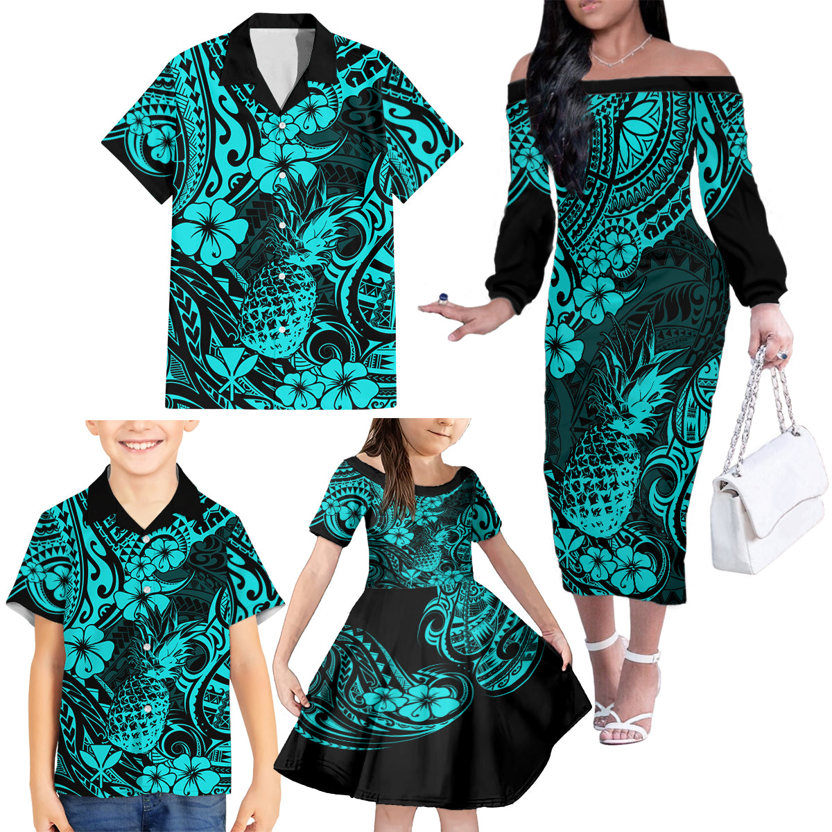 Hawaii Pineapple Family Matching Off Shoulder Long Sleeve Dress and Hawaiian Shirt Polynesian Pattern Turquoise Version - Wonder Print Shop